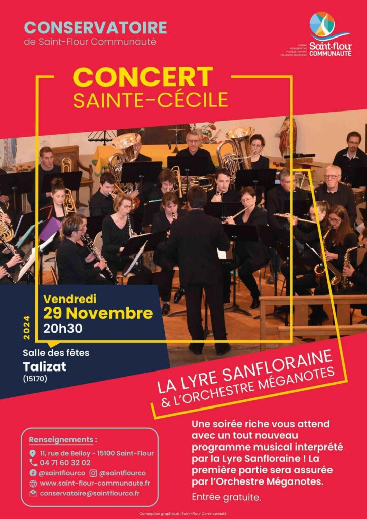 Affiche pour un concert Sainte-Cécile le 29 novembre à 20h30 à la salle des fêtes de Talizat. La Lyre Sanfloraine et l'Orchestre Méganotes proposeront un nouveau programme musical.