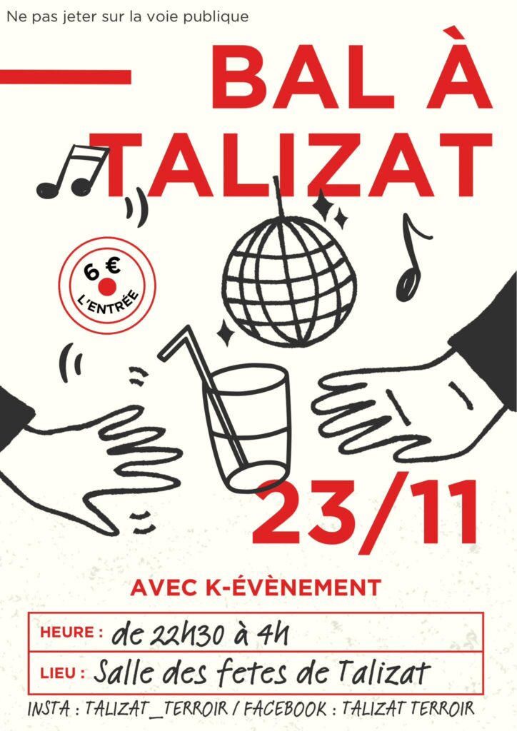 Affiche pour un bal de Talizat Terroir le 23 novembre 2024 à la salle des fêtes de Talizat.