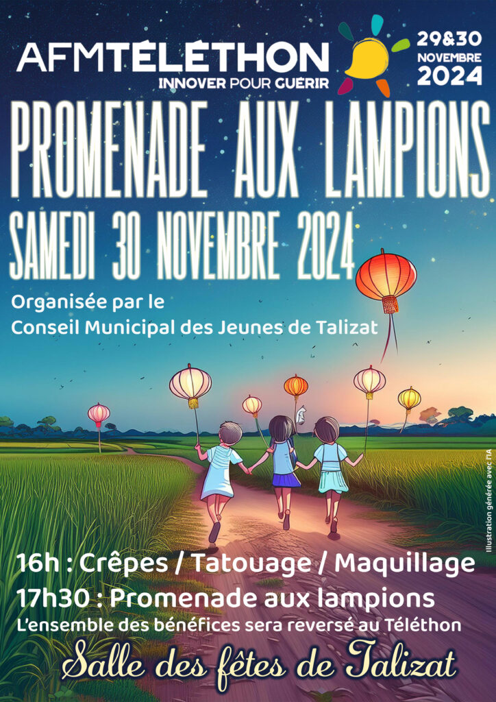 Affiche du Téléthon 2024 organisé par le Conseil Municipal des Jeunes de Talizat, avec un paysage de champs et de lanternes colorées, et un programme d'animations le 30 novembre.