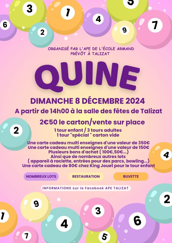 Affiche du quiz organisé par l'APE de l'école Armand le 8 décembre 2024 à la salle des fêtes de Talizat. Carton : 2,50 €. Nombreux lots.