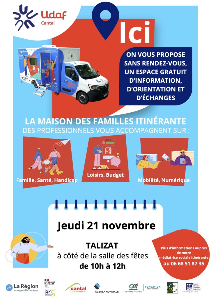 Affiche pour la venue du bus UDAF à Talizat le 21 novembre 2024