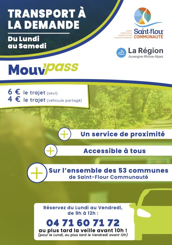 Affiche informative du service Mouv'pass, transport à la demande de Saint-Flour Communauté.