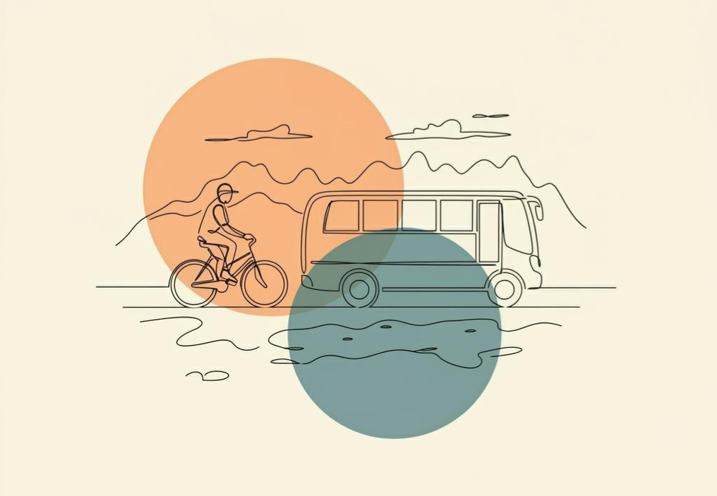 Illustration minimaliste d'un cycliste et d'un bus en style ligne continue sur fond de deux cercles colorés.