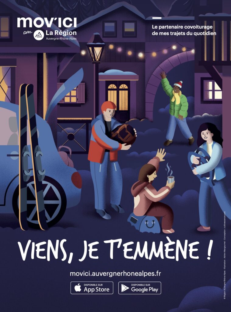 Illustration promotionnelle de MOV'ICI montrant des covoitureurs se retrouvant pour une sortie ski en soirée.