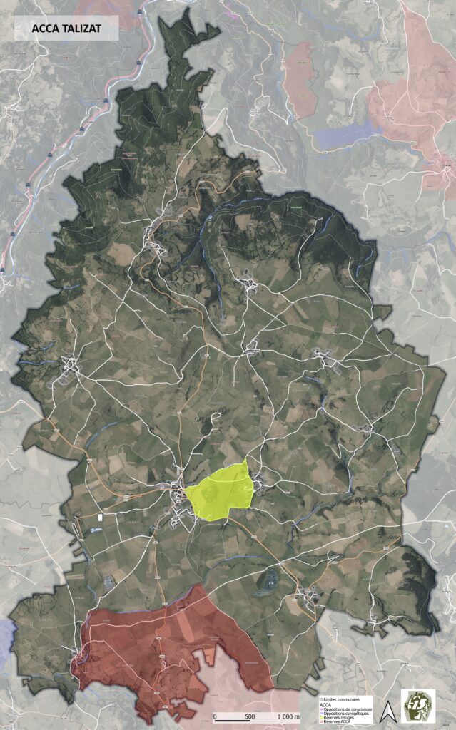 Carte aérienne du territoire de l'ACCA de Talizat présentant les limites communales, les zones de chasse et les réserves cynégétiques. Vue satellite avec superposition des différentes zones délimitées en rouge, jaune et vert foncé.