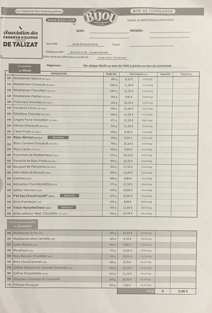 Document de commande de l'Association des parents d'élèves de Talizat. Il présente une liste de produits, leurs désignations, et les prix associés.